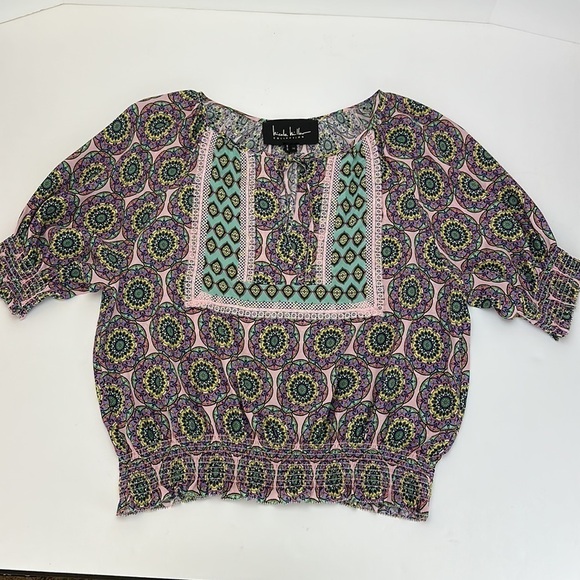 Nicole Miller Glassflower Silk Blend Peasant Top Blouse Medium Puff Slee… - Picture 16 of 16